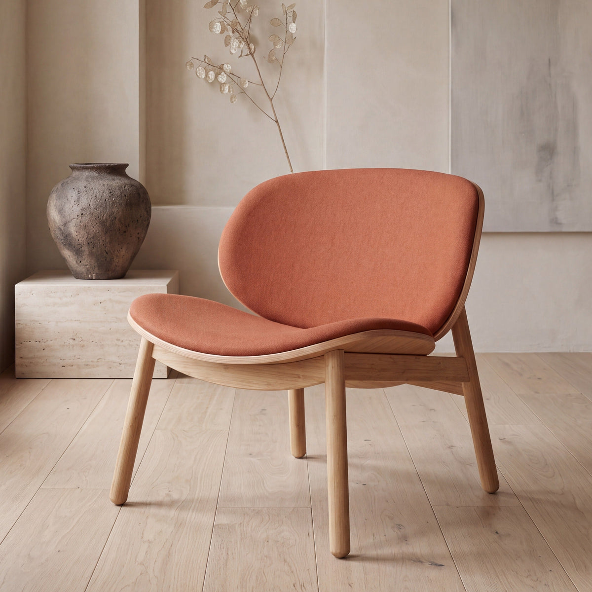 Greenington Danica Chair in Red fabric with a Wheat bamboo frame, styled in a living room