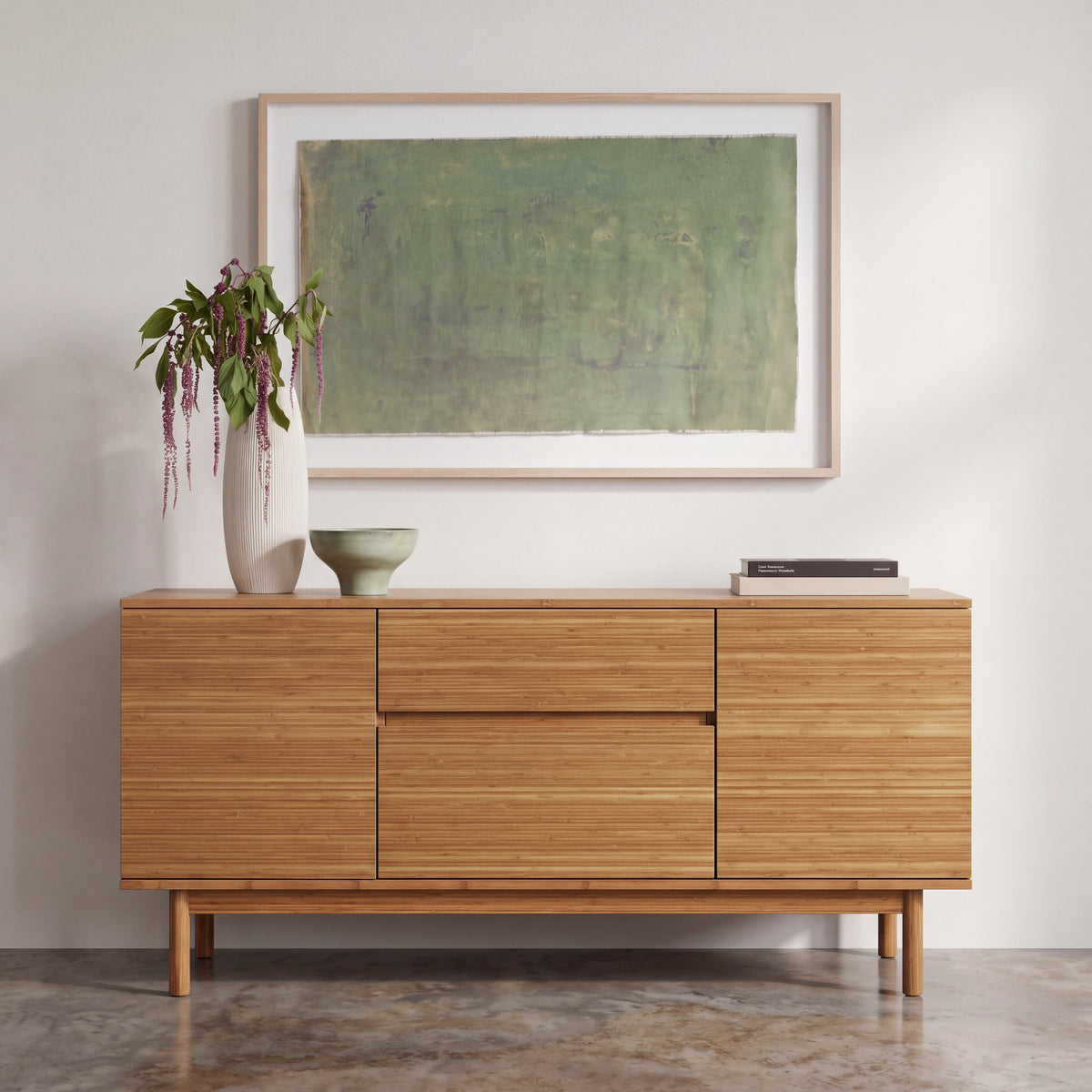 Greenington Erikka Console in Amber bamboo, styled in a living room
