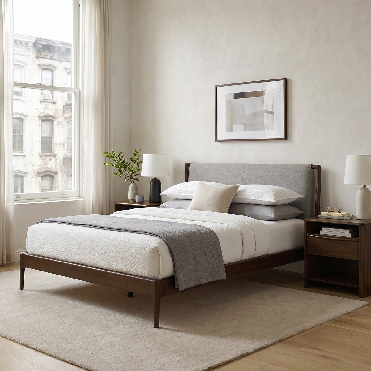 Greenington Catalina Platform Bed in Black Walnut bamboo, styled in a bedroom