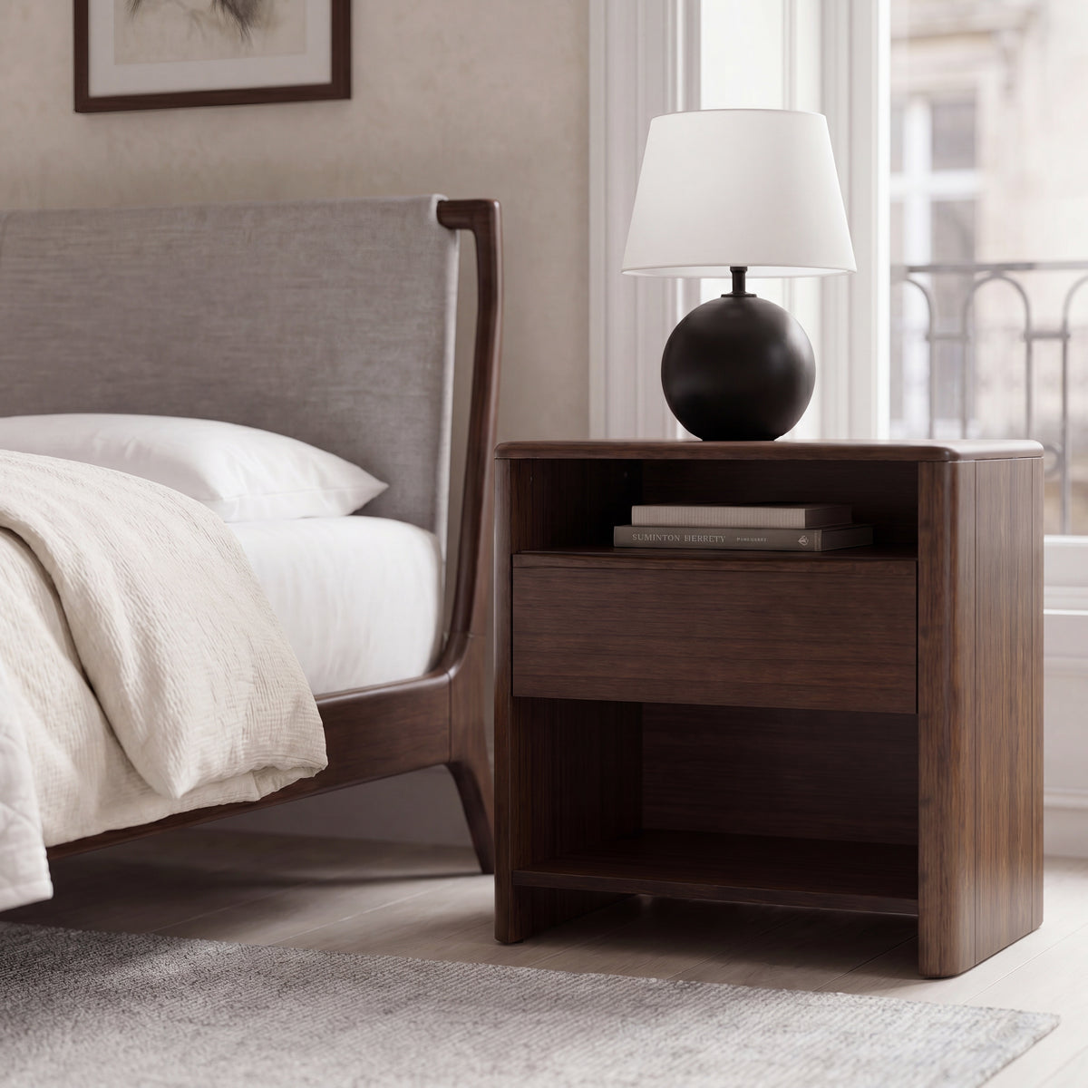 Greenington Catalina Nightstand in Black Walnut bamboo, styled in a bedroom