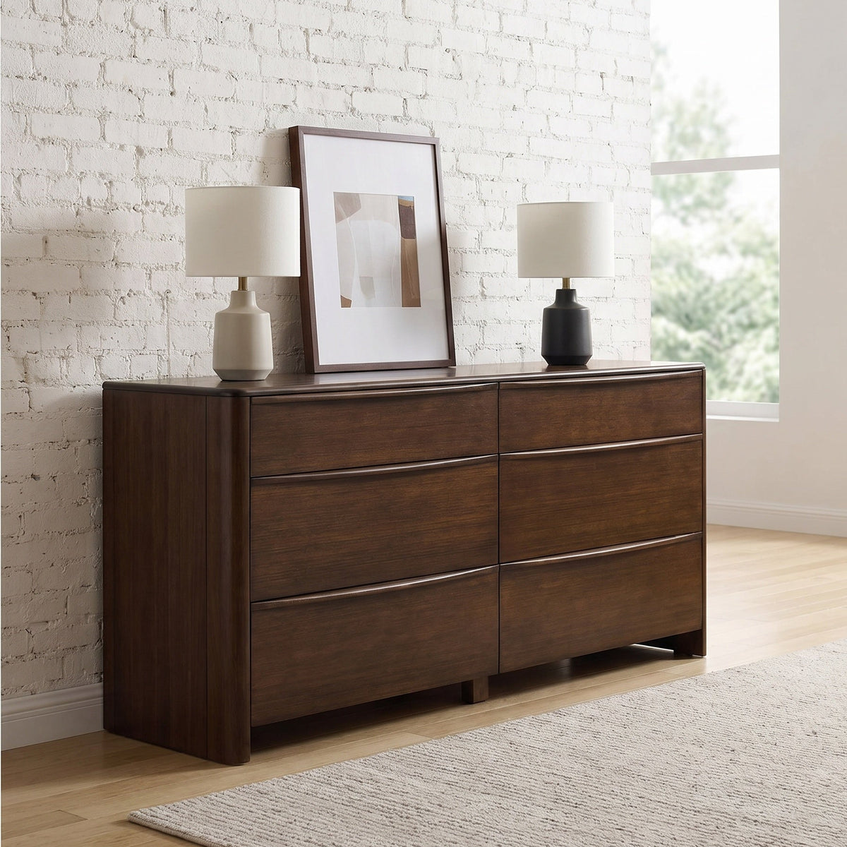 Greenington Catalina Dresser in Black Walnut bamboo, styled in a bedroom