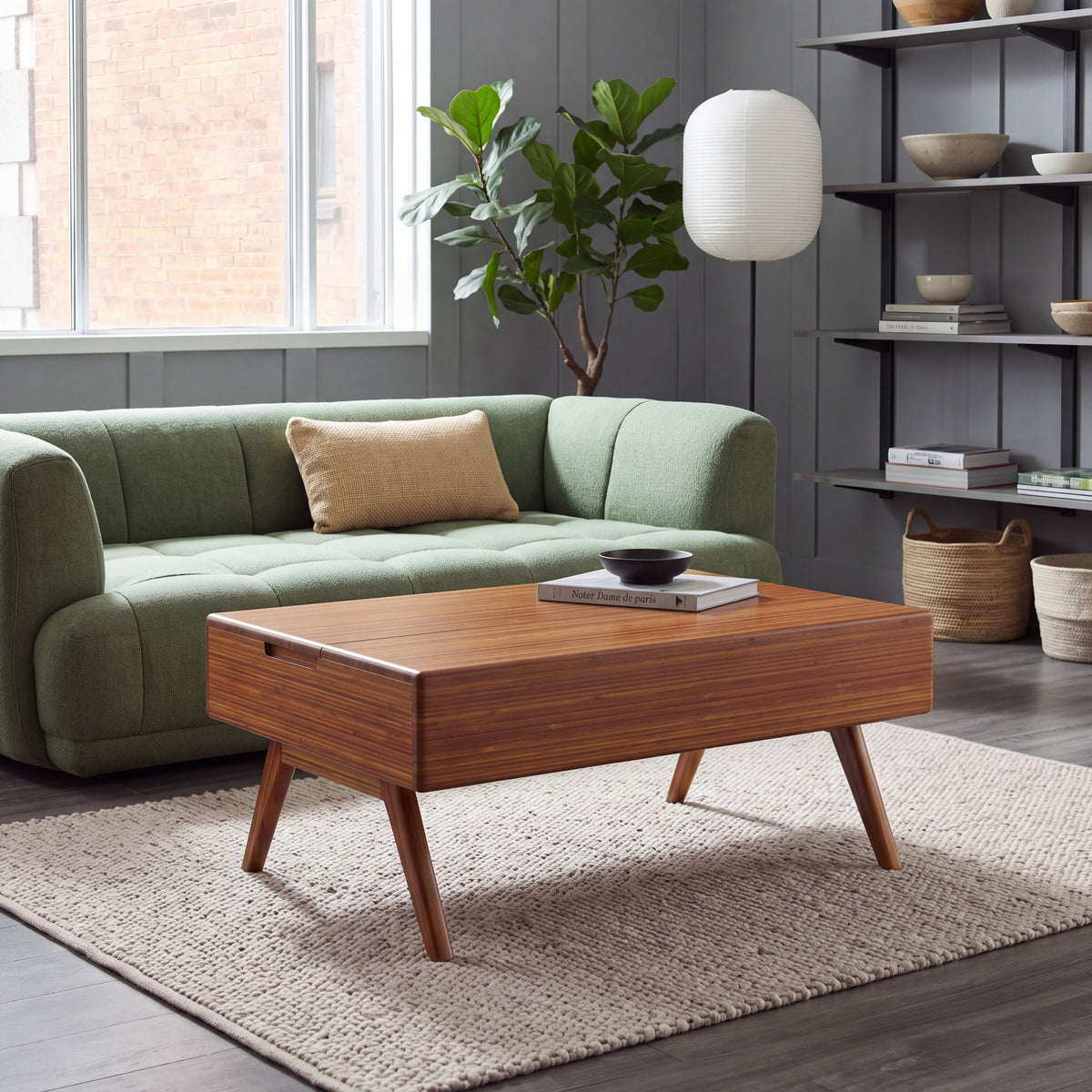Greenington Rhody Lift Top Coffee Table in Amber bamboo, styled in a living room