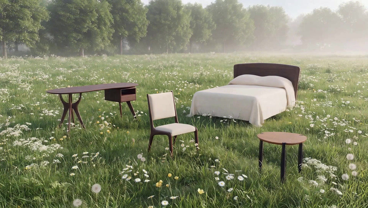 Greenington solid bamboo bed, chair, desk and side table in a meadow