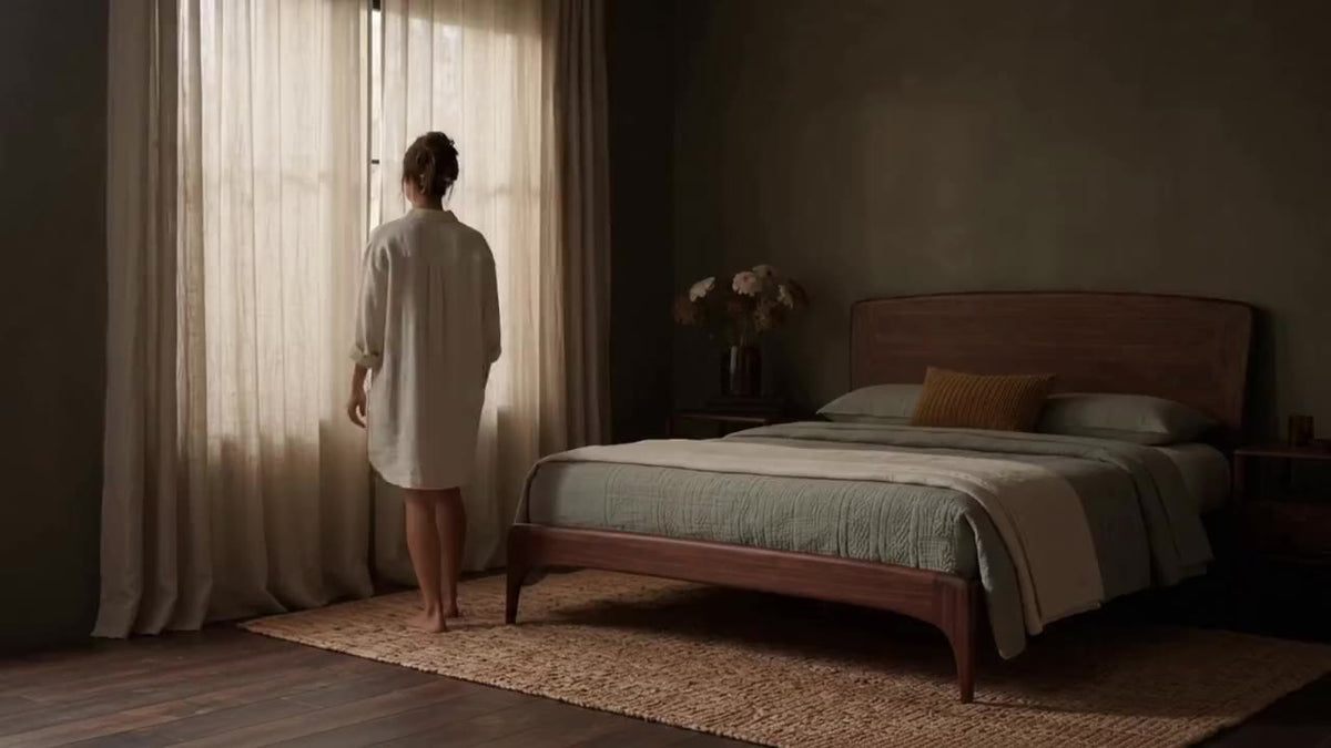 Olive bedroom with Black Walnut bed in morning light