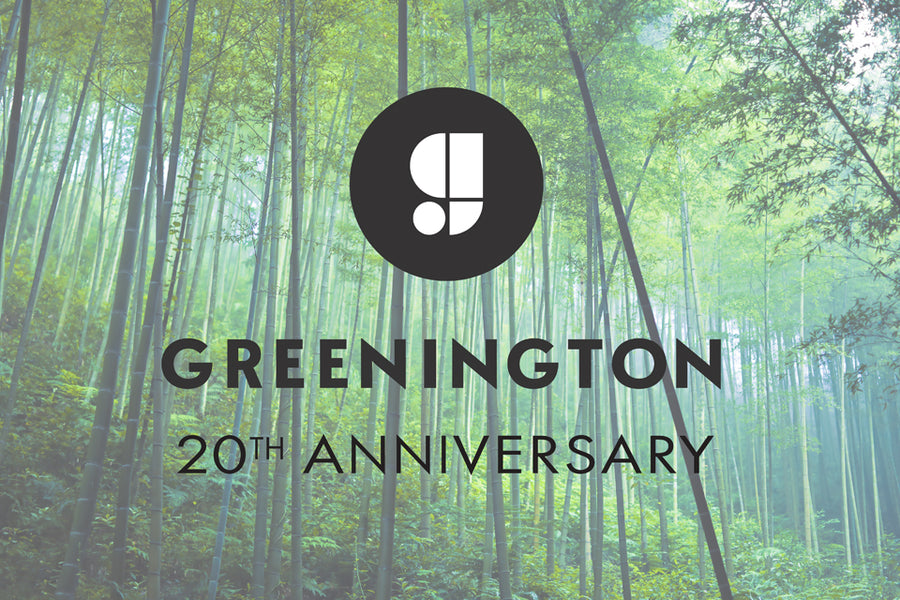 Greenington 20th anniversary logo over a bamboo forest