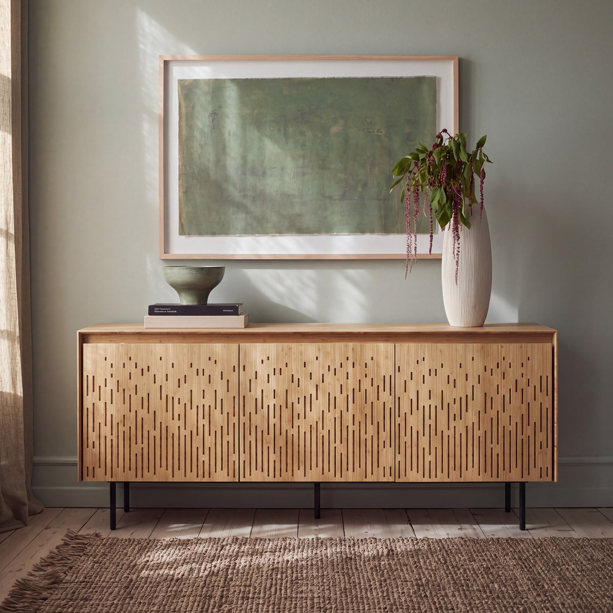 Greenington Hanna Console in Wheat bamboo, styled in a living room