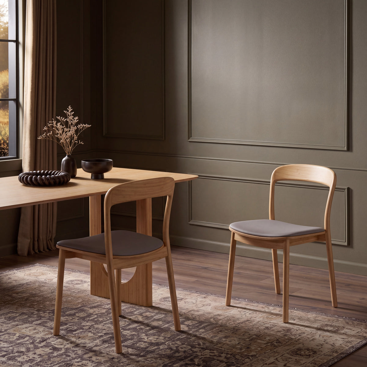 Greenington Hanna Dining Chair Leather Seat in Wheat bamboo with a Grey leather seat, in a dining room setting