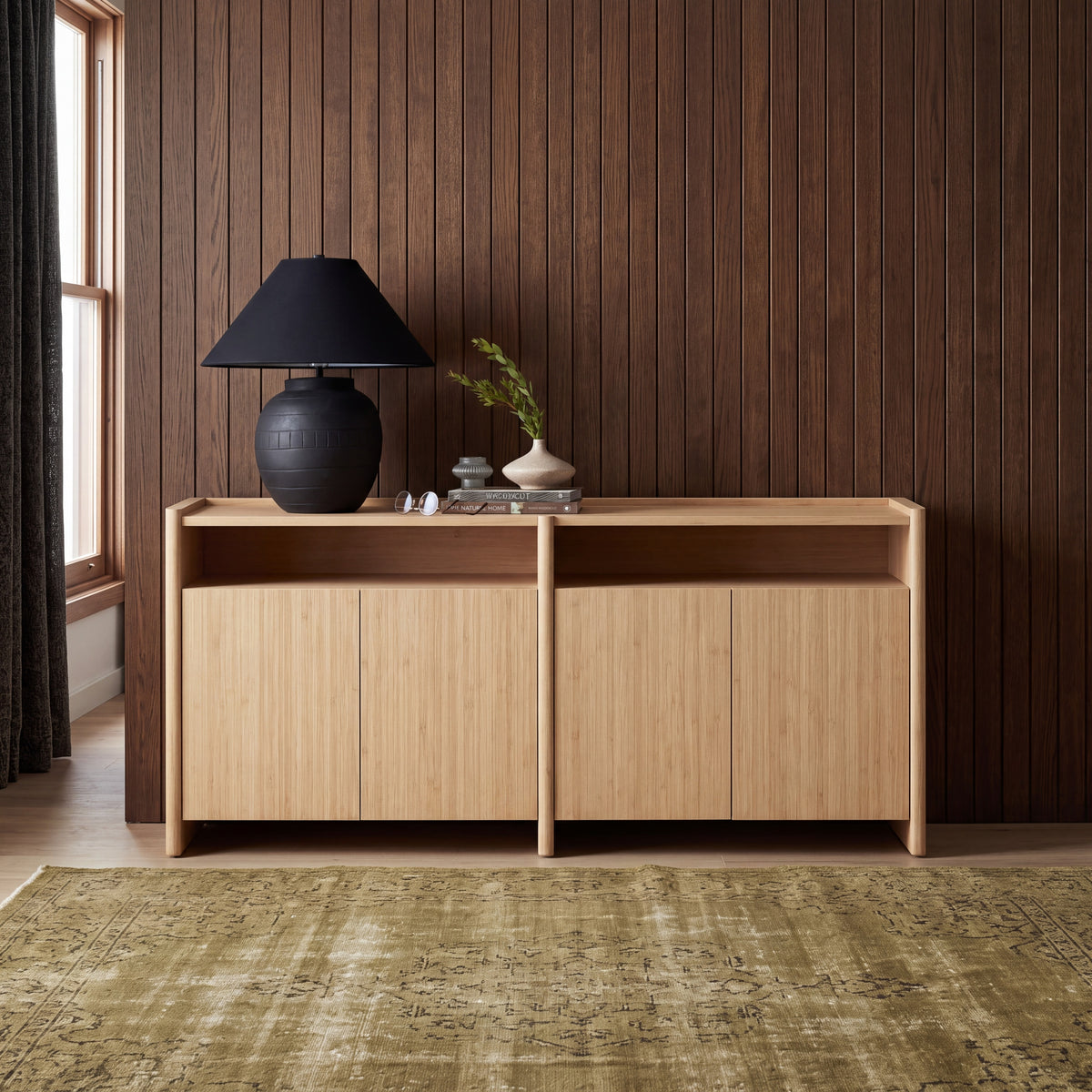 Greenington Hudson Sideboard/Media Center in Wheat bamboo, styled in a living room
