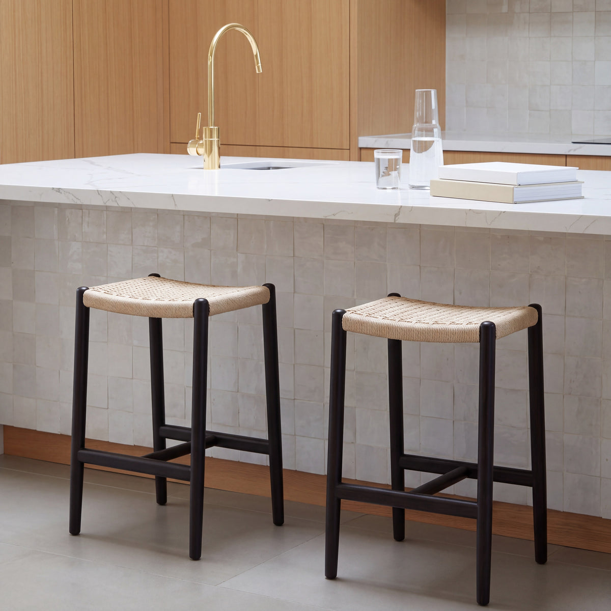 Greenington Leif Counter Stool in Caviar bamboo, styled in a kitchen