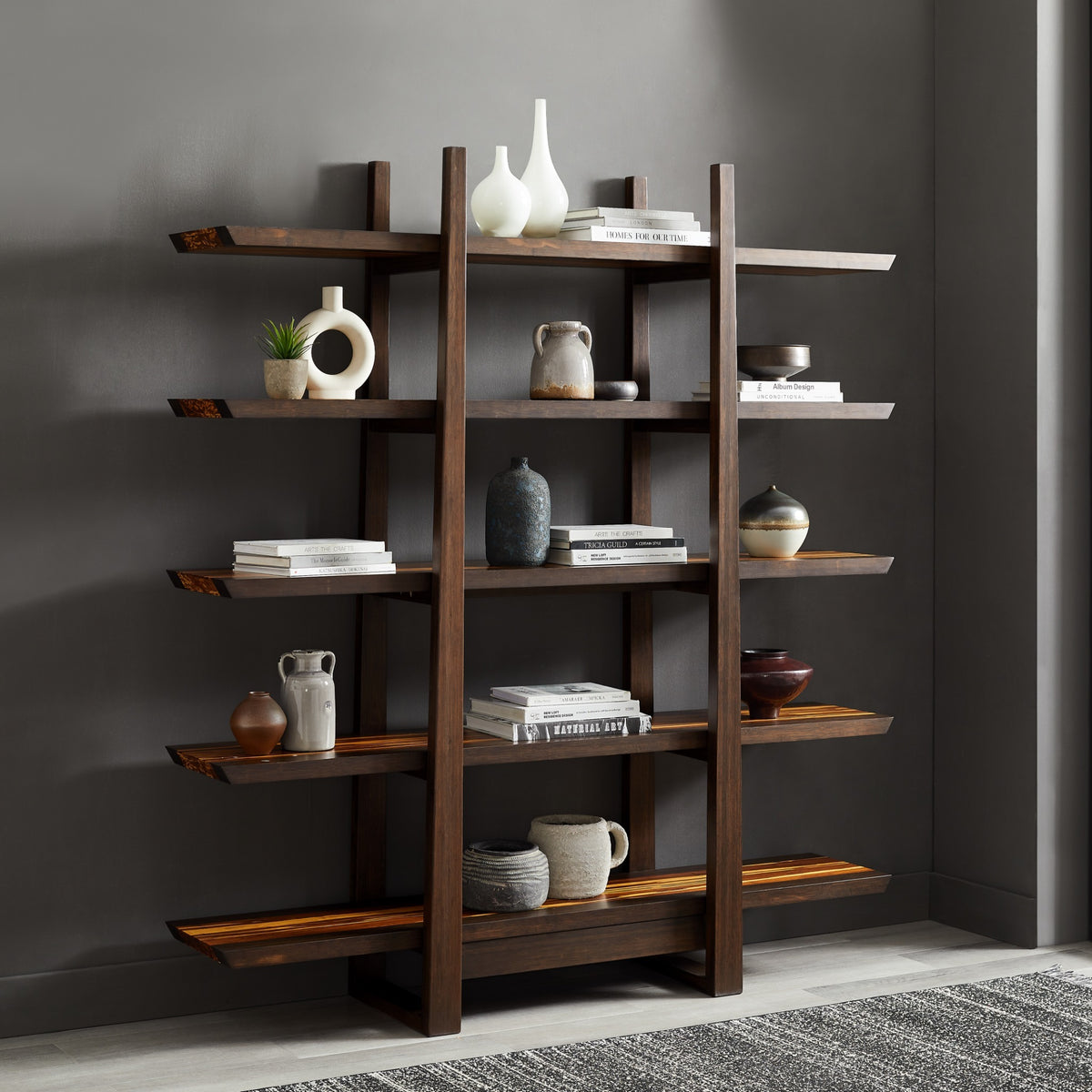 Greenington Magnolia Shelf in Black Walnut bamboo, styled in a living room