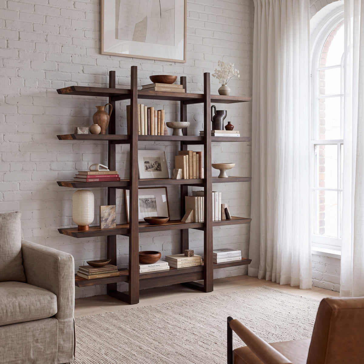 Greenington Magnolia Shelf in Black Walnut bamboo, in a living room setting