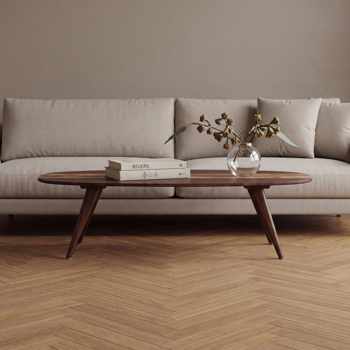 Greenington Malibu Coffee Table in Black Walnut bamboo, pictured in a living room
