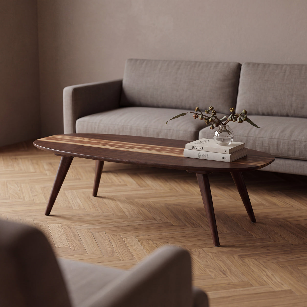 Greenington Malibu Coffee Table in Black Walnut bamboo, in a furnished living room
