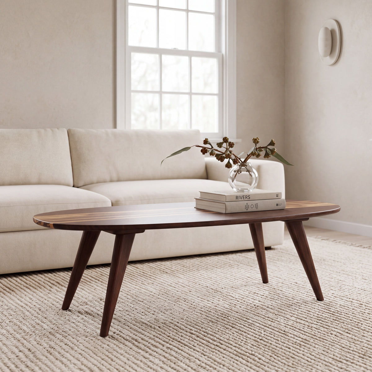 Greenington Malibu Coffee Table in Black Walnut bamboo, styled in a living room