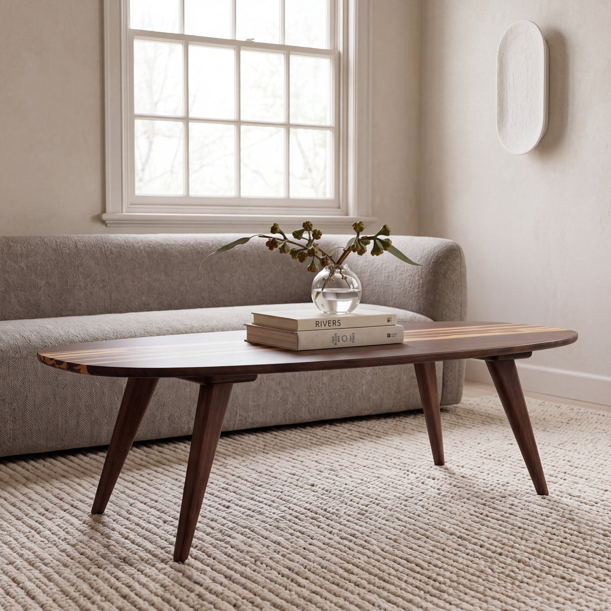 Greenington Malibu Coffee Table in Black Walnut bamboo, shown in a living room