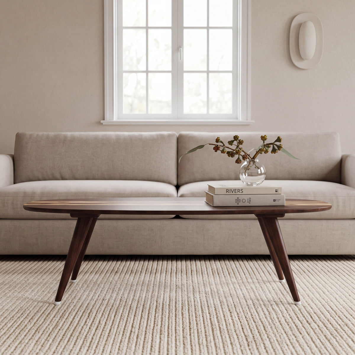 Greenington Malibu Coffee Table in Black Walnut bamboo, in a living room setting
