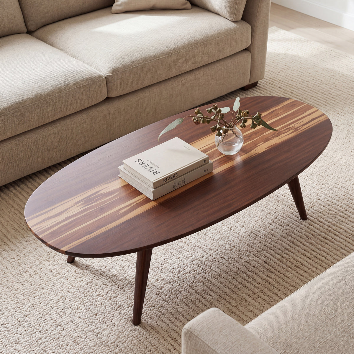 Greenington Malibu Coffee Table in Black Walnut bamboo, shown in a living room
