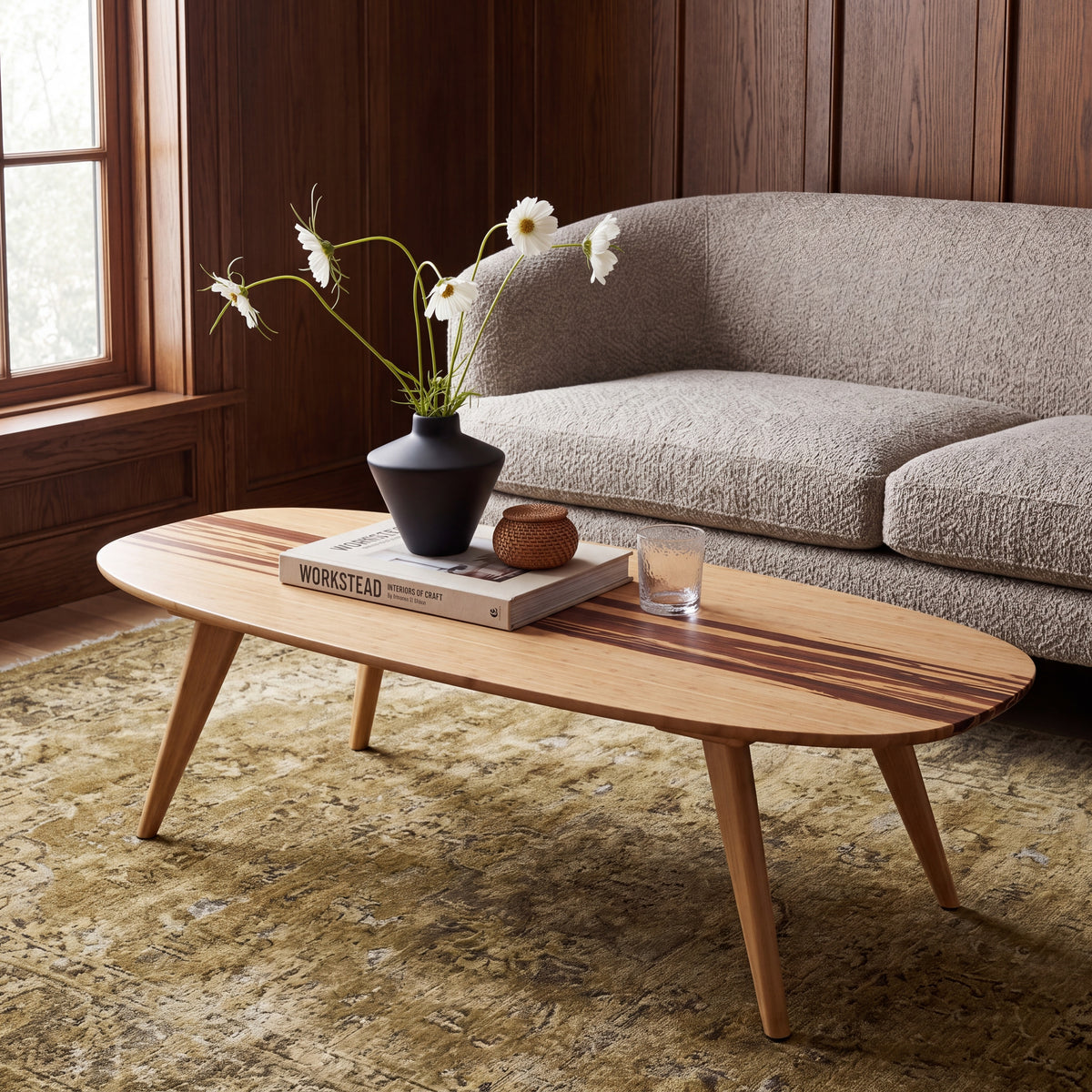 Greenington Malibu Coffee Table in Caramelized bamboo, styled in a living room