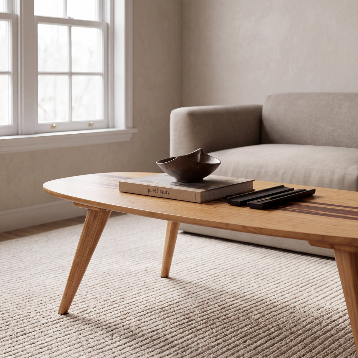 Greenington Malibu Coffee Table in Caramelized bamboo, in a living room setting