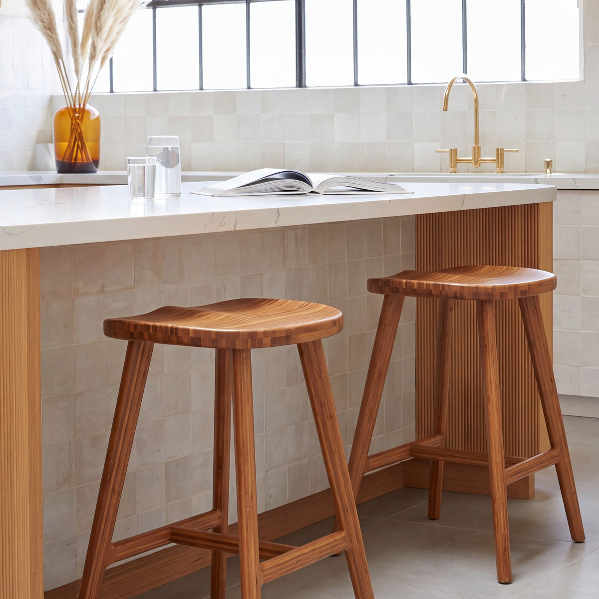 Greenington Max Counter Stool in Amber bamboo, styled in a kitchen