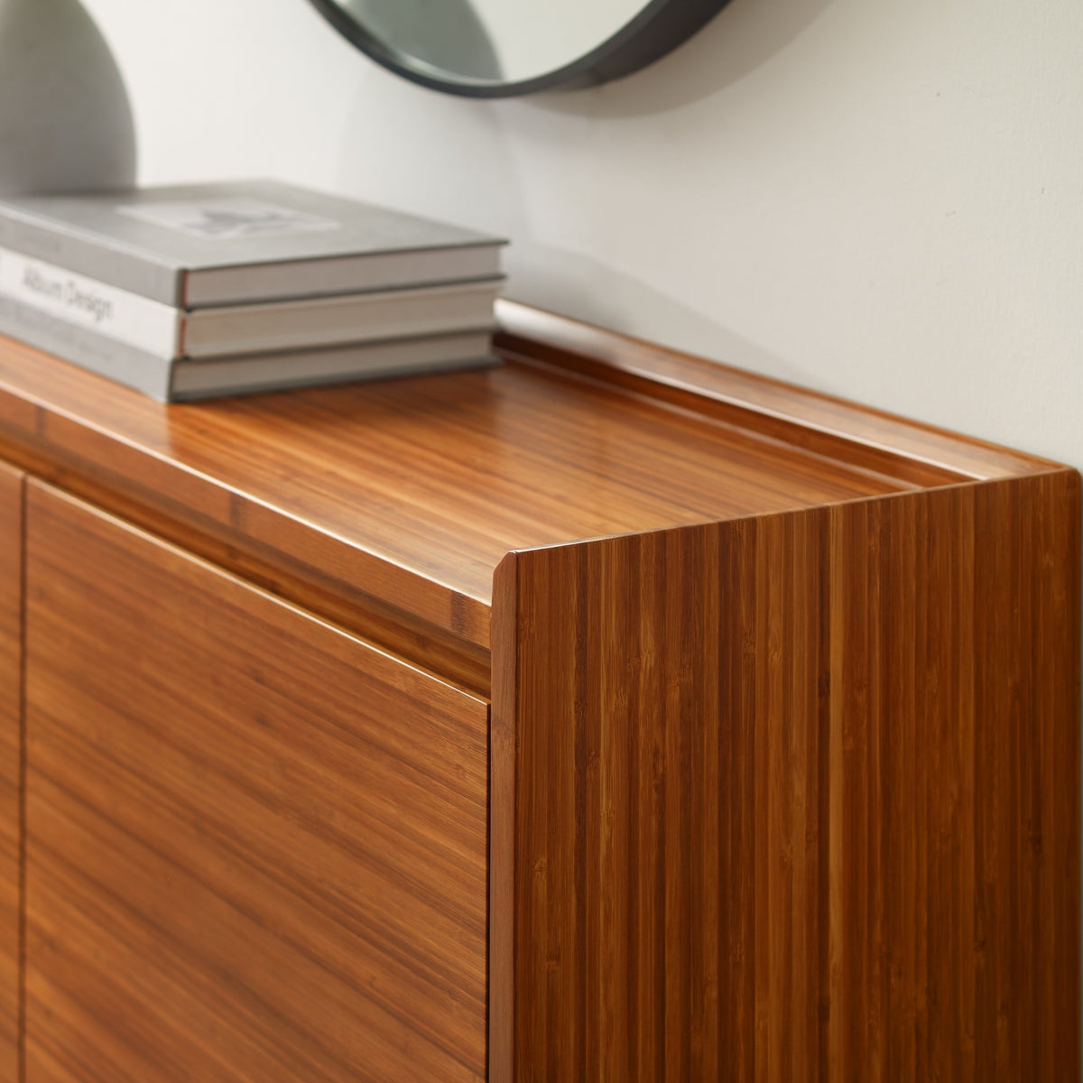 Close-up of the top and bamboo grain on the Greenington Mira Console in solid bamboo