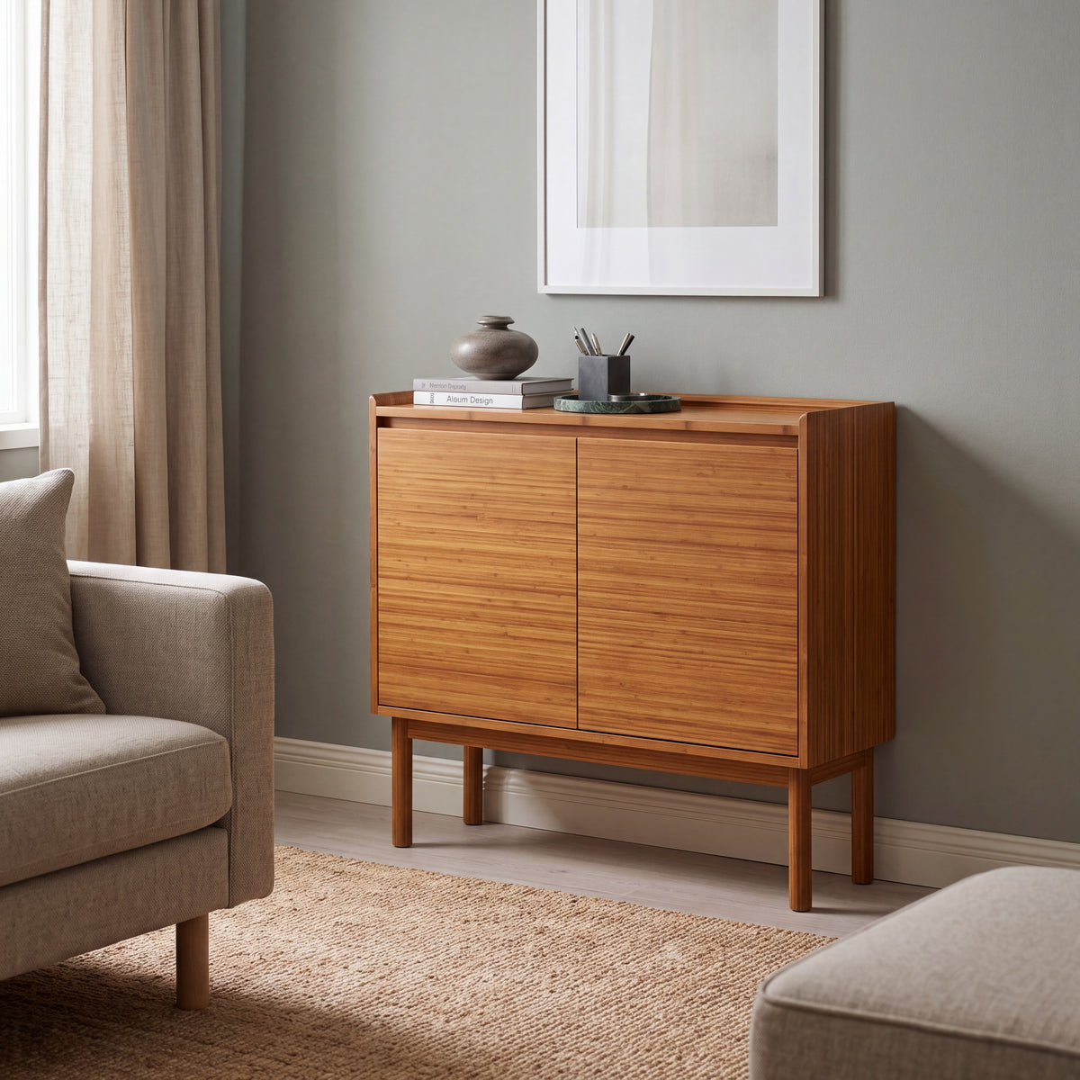 Greenington Mira Console in solid bamboo, styled in a living room