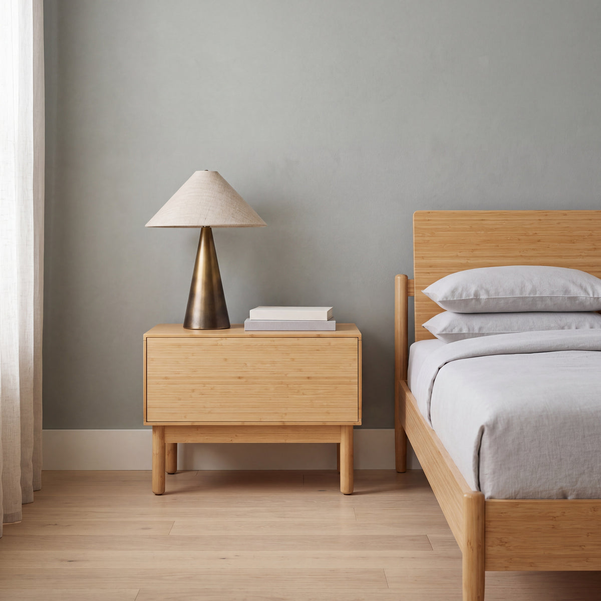 Greenington Monterey Nightstand in Wheat bamboo, styled in a bedroom