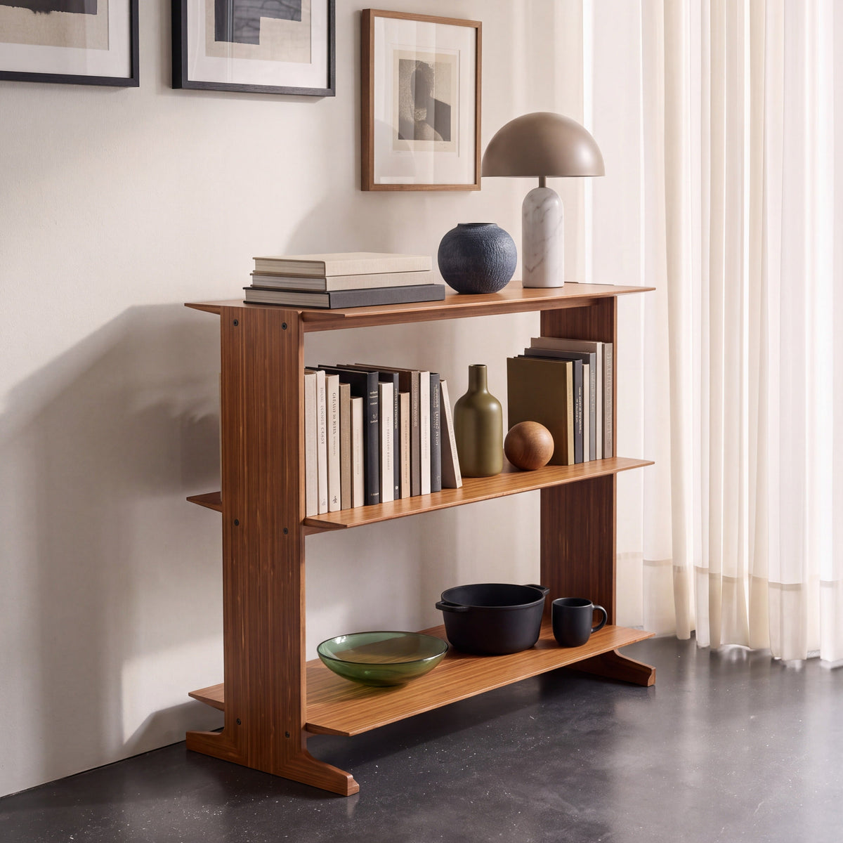 Greenington Neo Shelf in Amber bamboo, styled in a living room