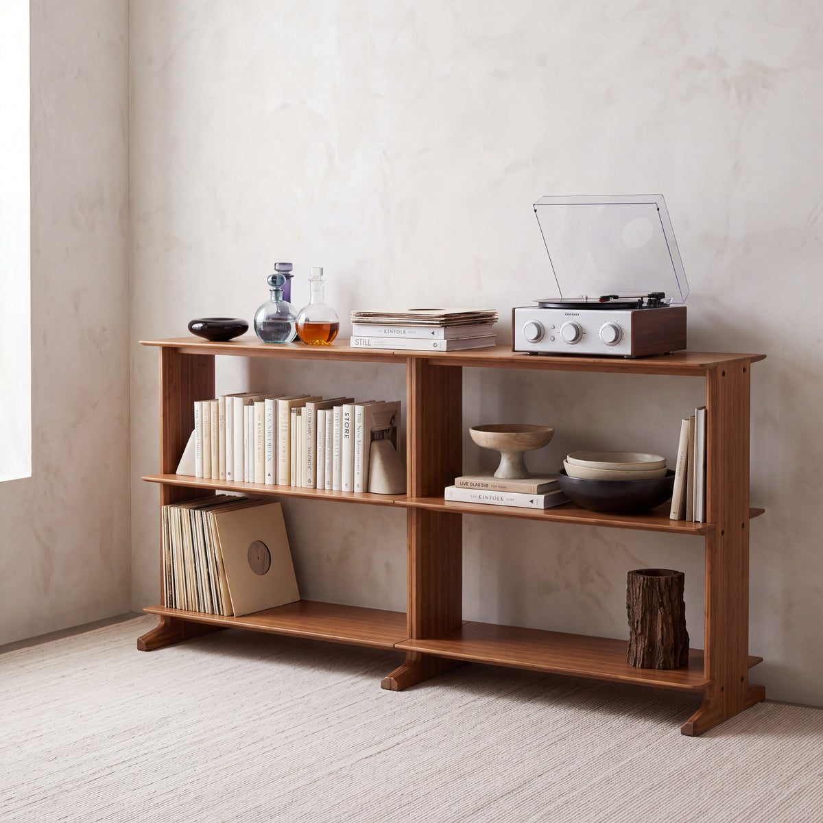 Greenington Neo Shelf in Amber bamboo, shown in a living room