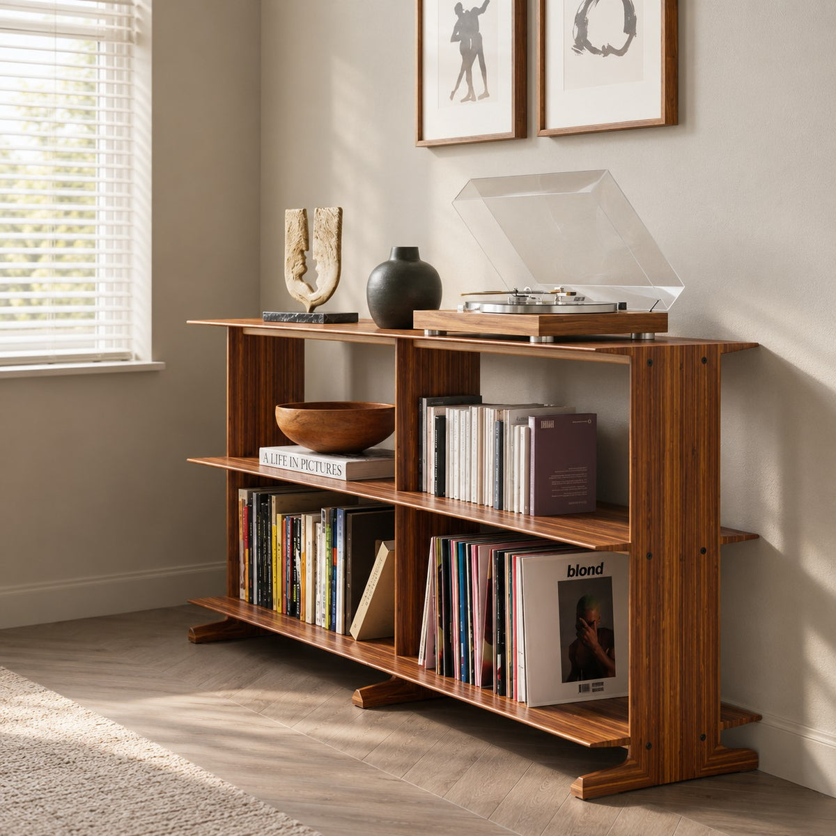 Greenington Neo Shelf in Amber bamboo, in a living room setting