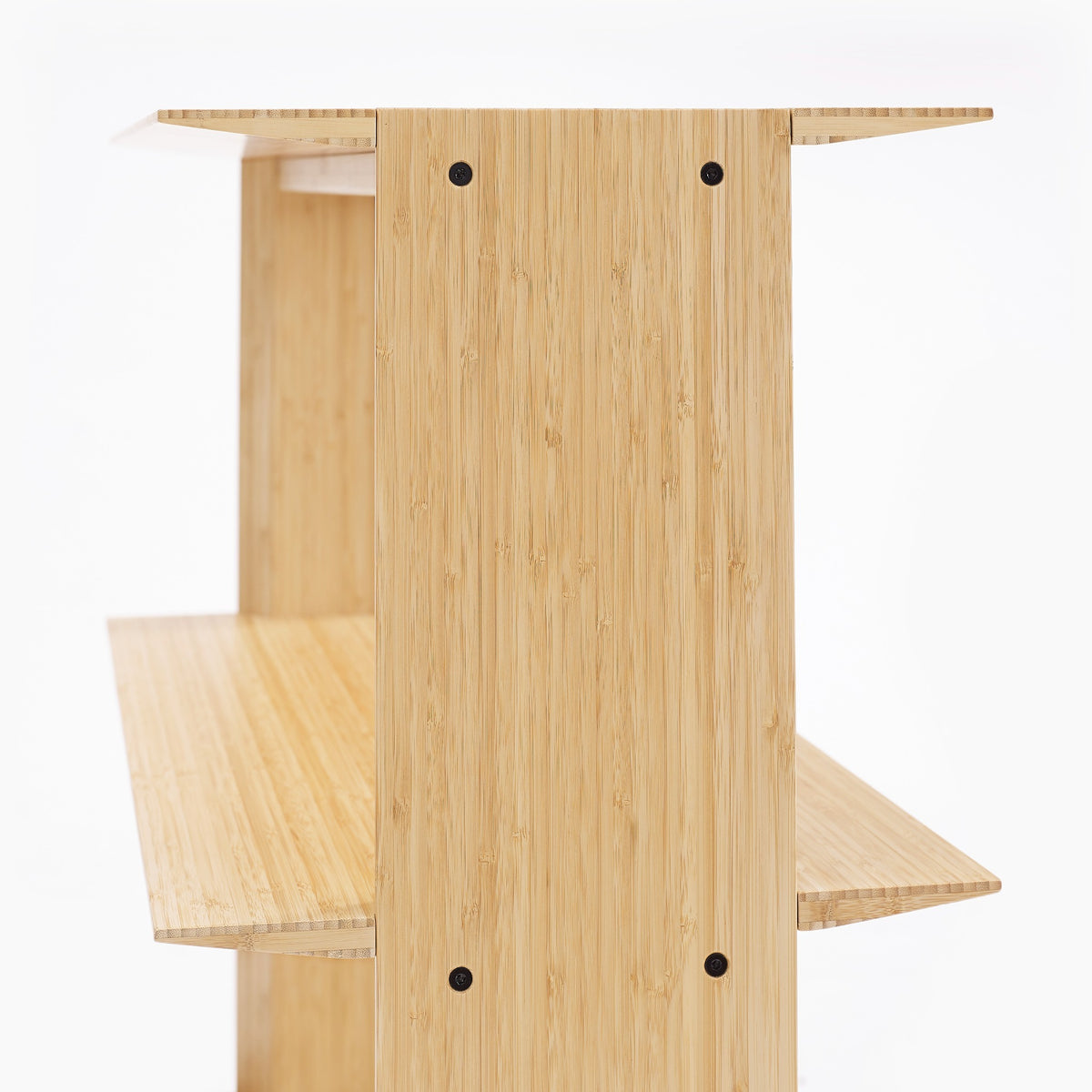 Close-up of the corner joinery on the Greenington Neo Shelf in Wheat bamboo