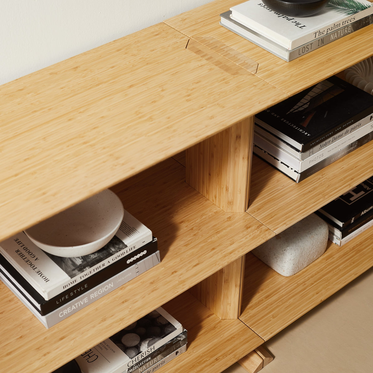 Close-up of the shelves on the Greenington Neo Shelf in Wheat bamboo