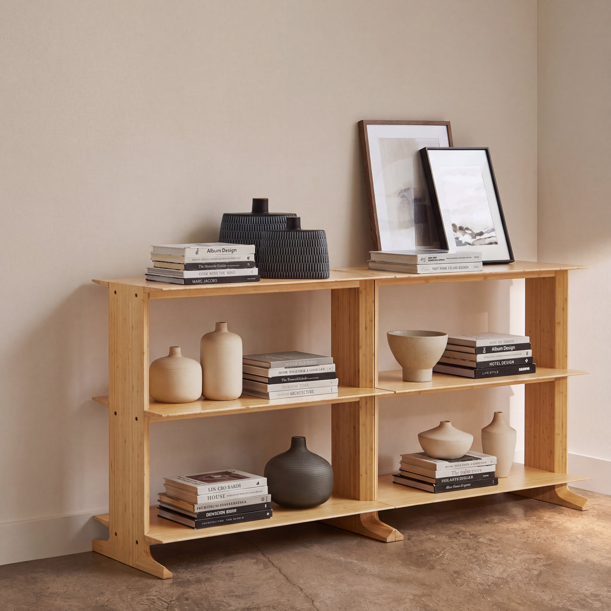 Greenington Neo Shelf in Wheat bamboo, in a furnished living room