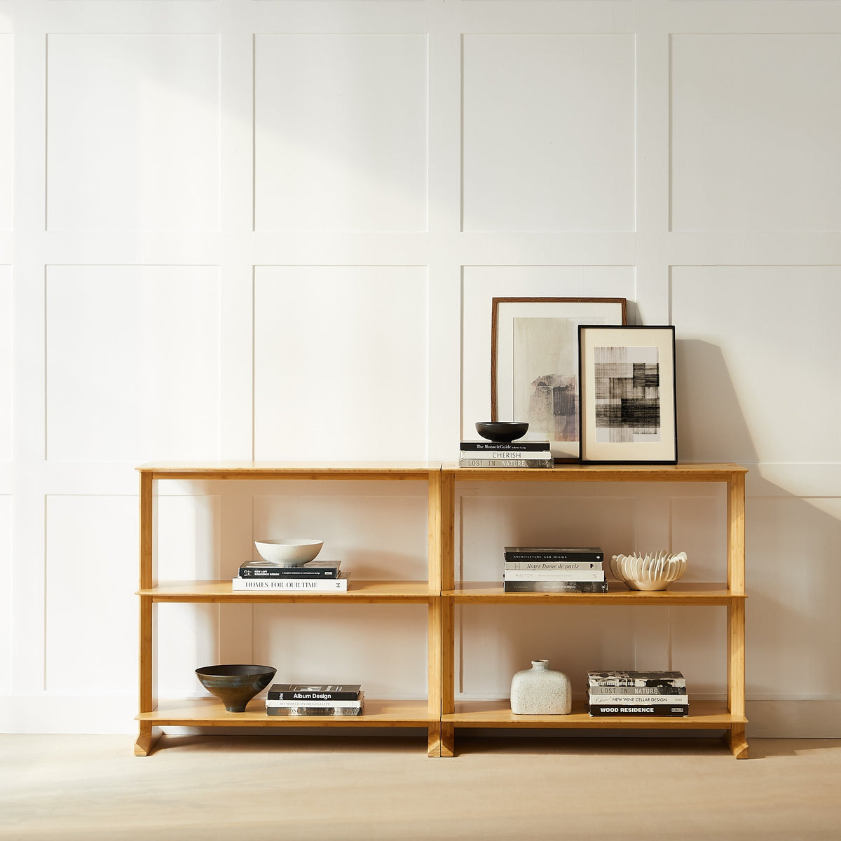 Greenington Neo Shelf in Wheat bamboo, pictured in a living room