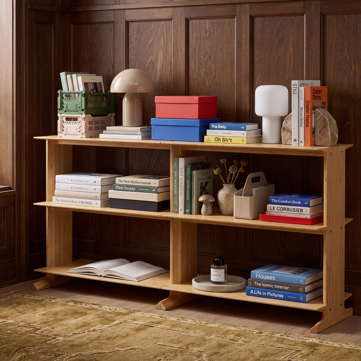 Greenington Neo Shelf in Wheat bamboo, shown in a living room