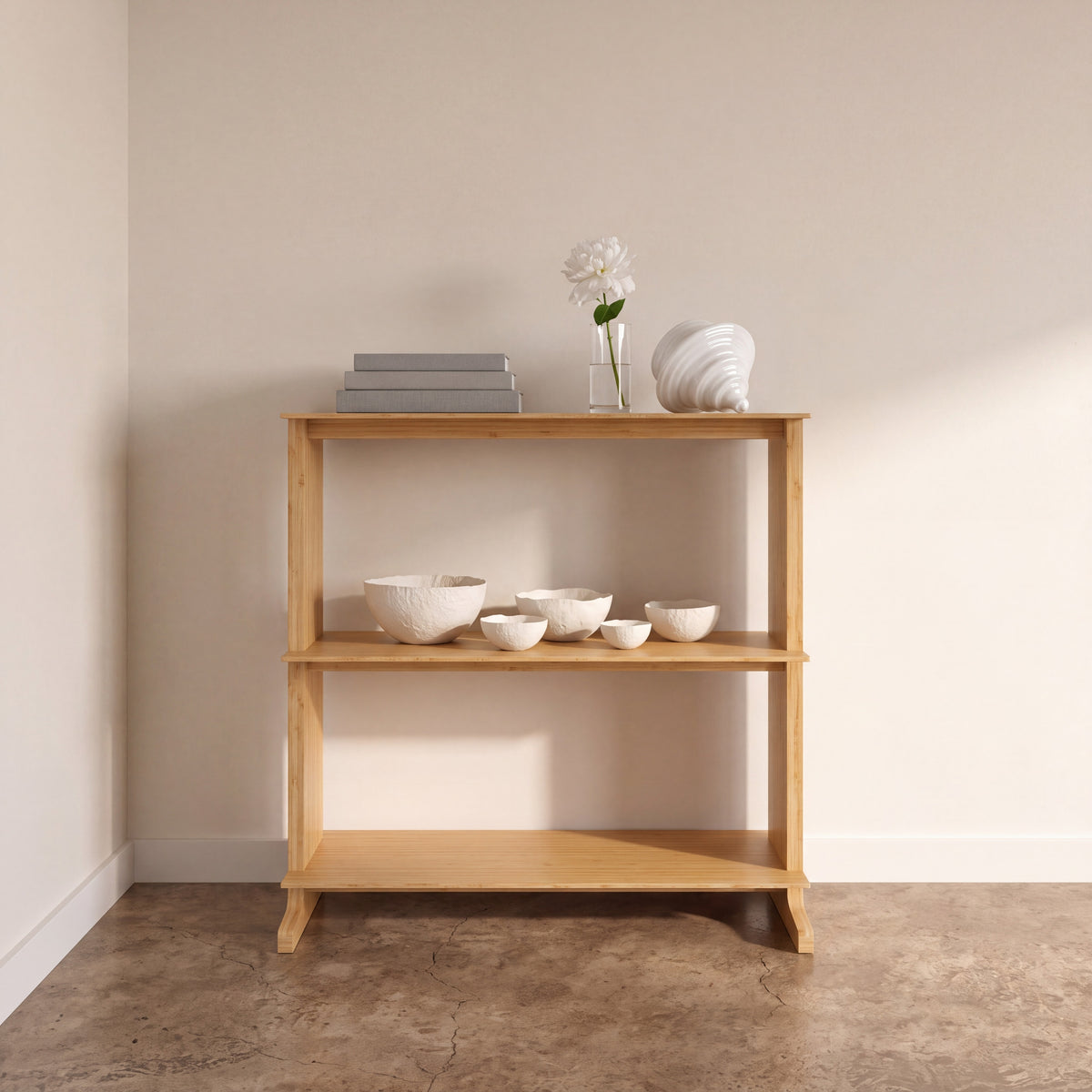 Greenington Neo Shelf in Wheat bamboo, styled in a living room