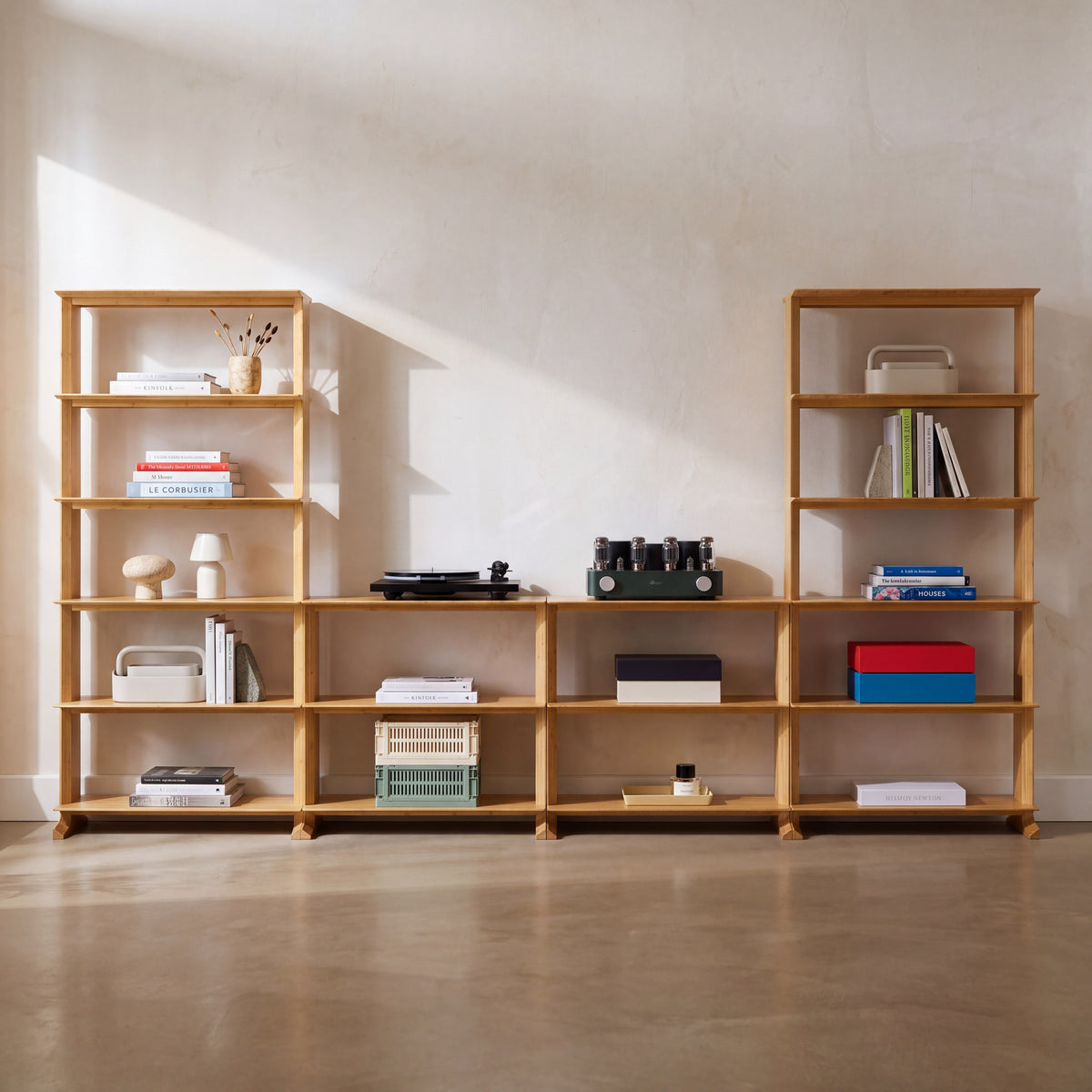 Greenington Neo Shelf in Wheat bamboo, shown in a living room