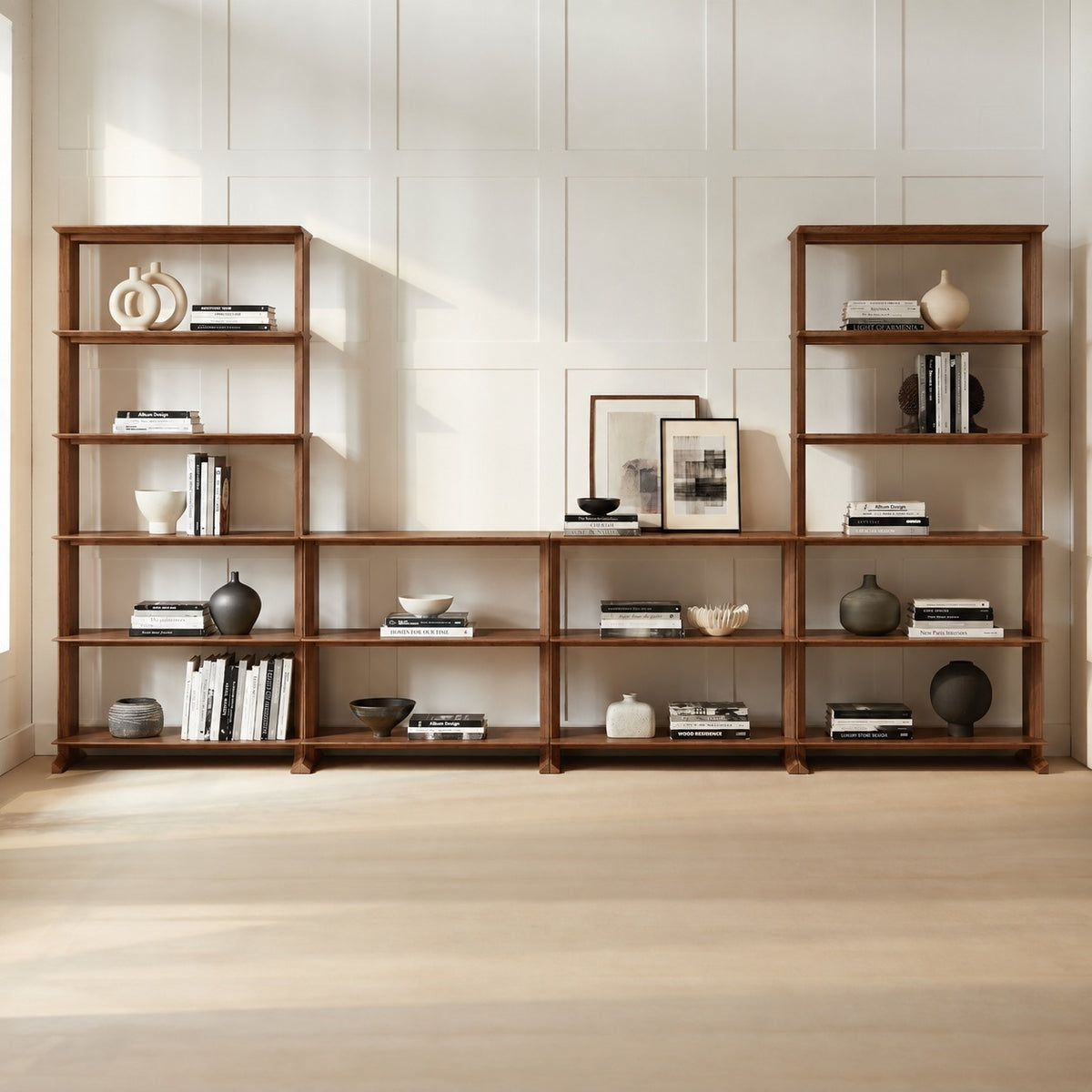 Greenington Neo Tall Shelf in Amber bamboo, in a living room setting