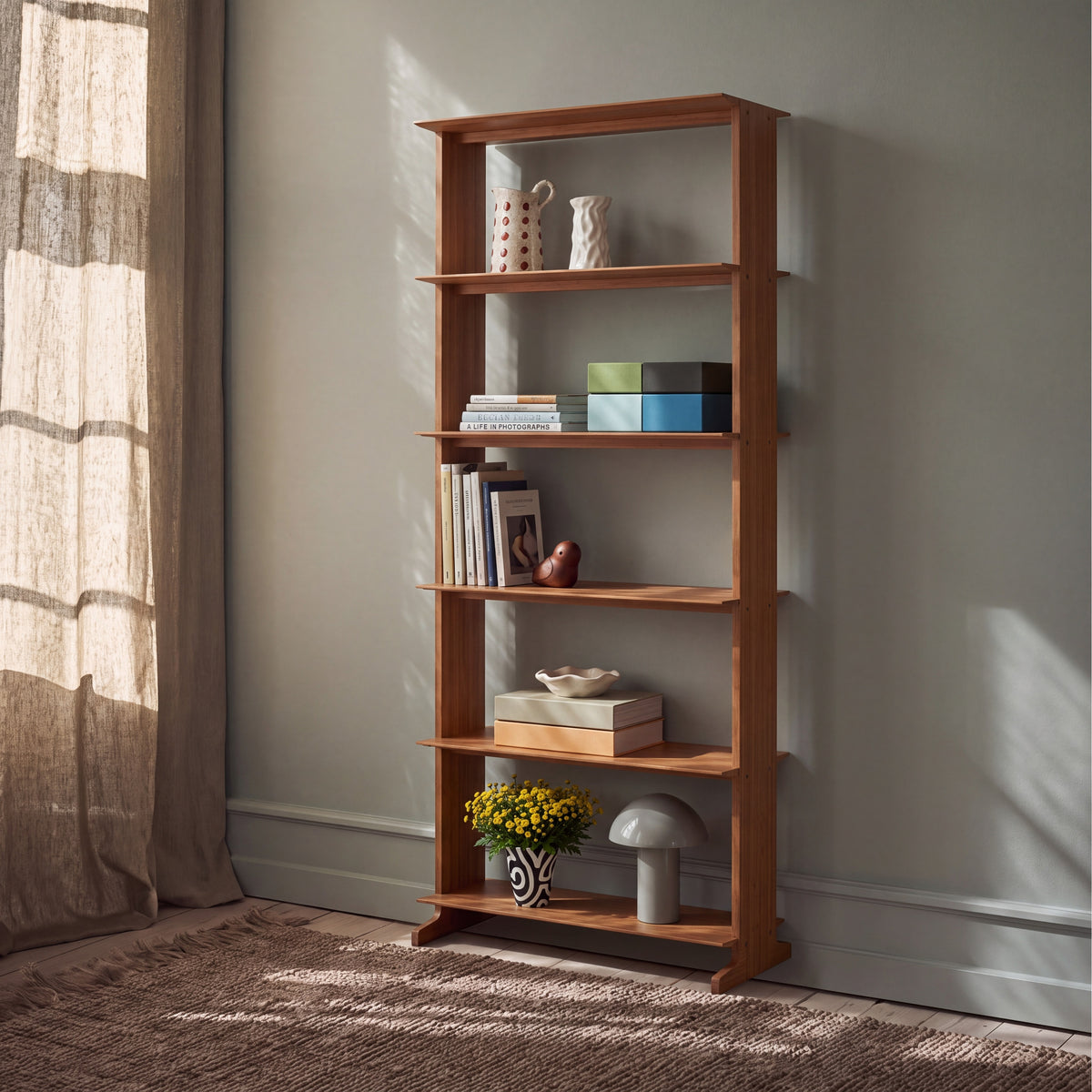 Greenington Neo Tall Shelf in Amber bamboo, styled in a living room
