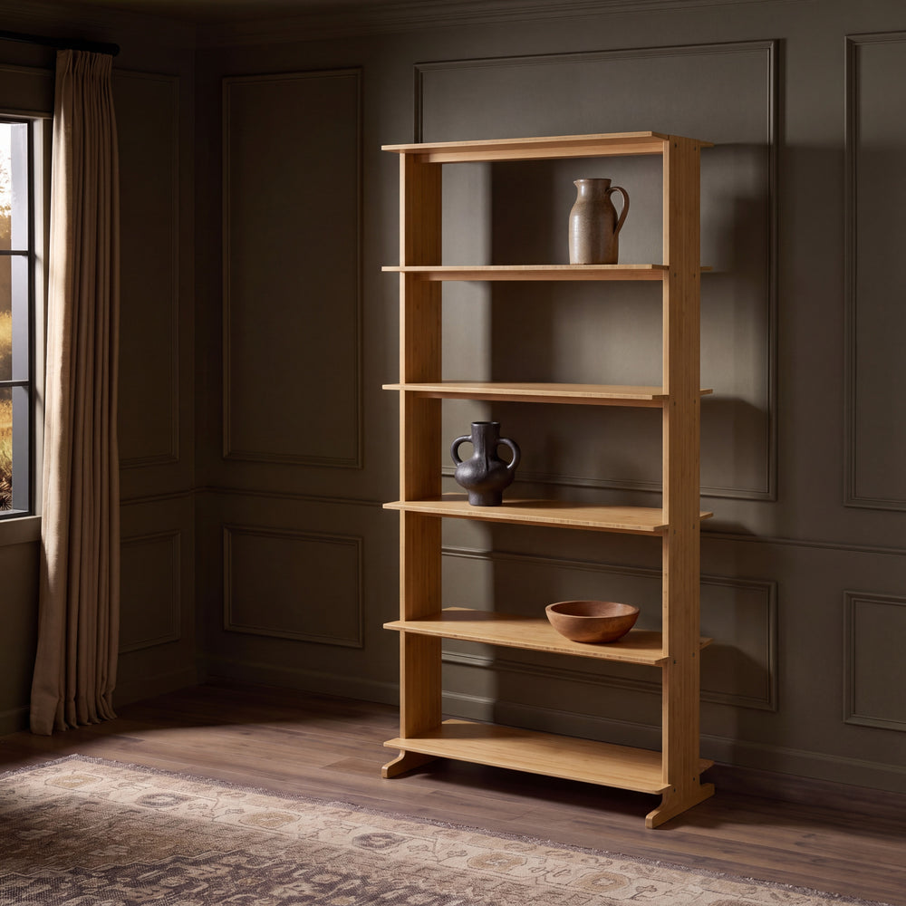Two ways to combine: tall and low in Amber · two low shelves side by side in Wheat