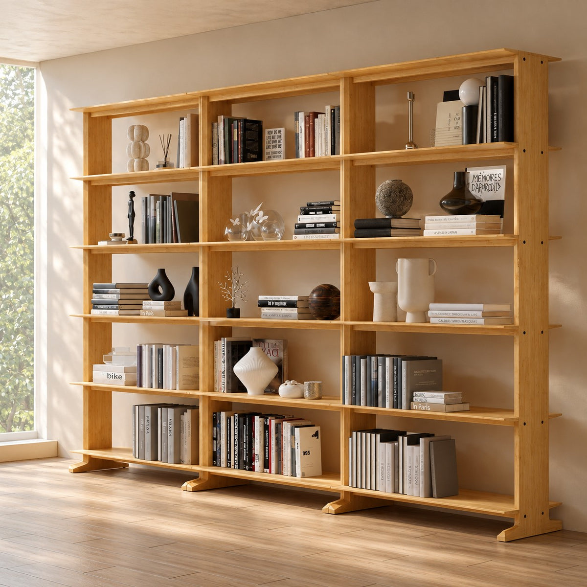 Greenington Neo Tall Shelf in Wheat bamboo, styled in a living room