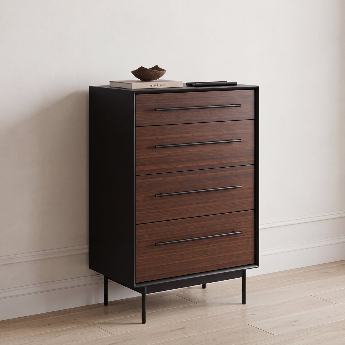 Greenington Park Avenue Chest in Ruby and Onyx bamboo, styled in a bedroom