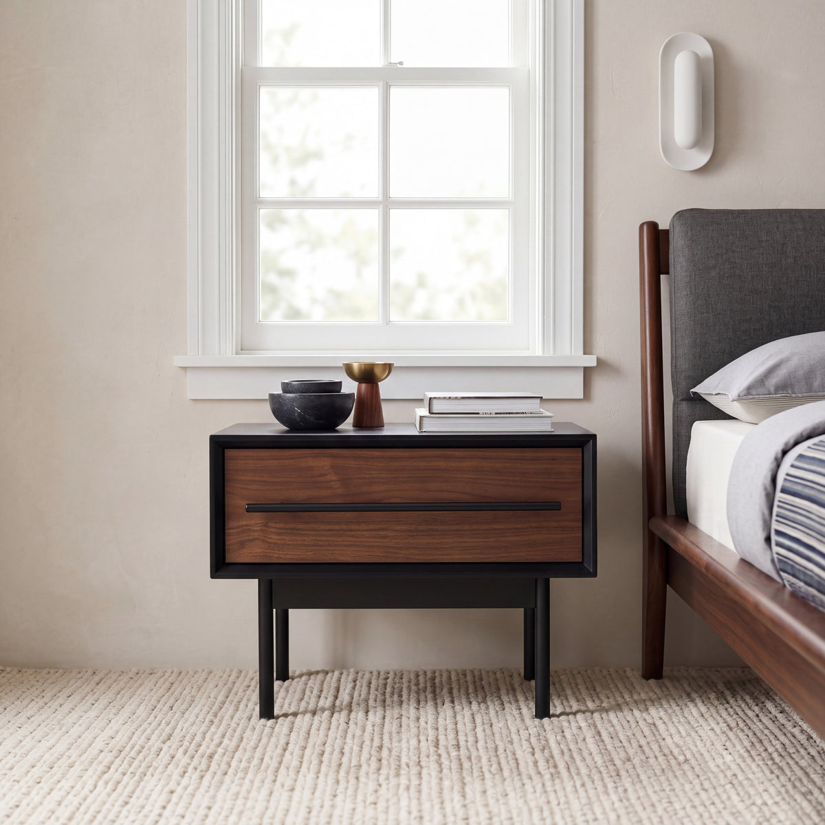 Greenington Park Avenue Nightstand in Ruby and Onyx bamboo, shown in a bedroom