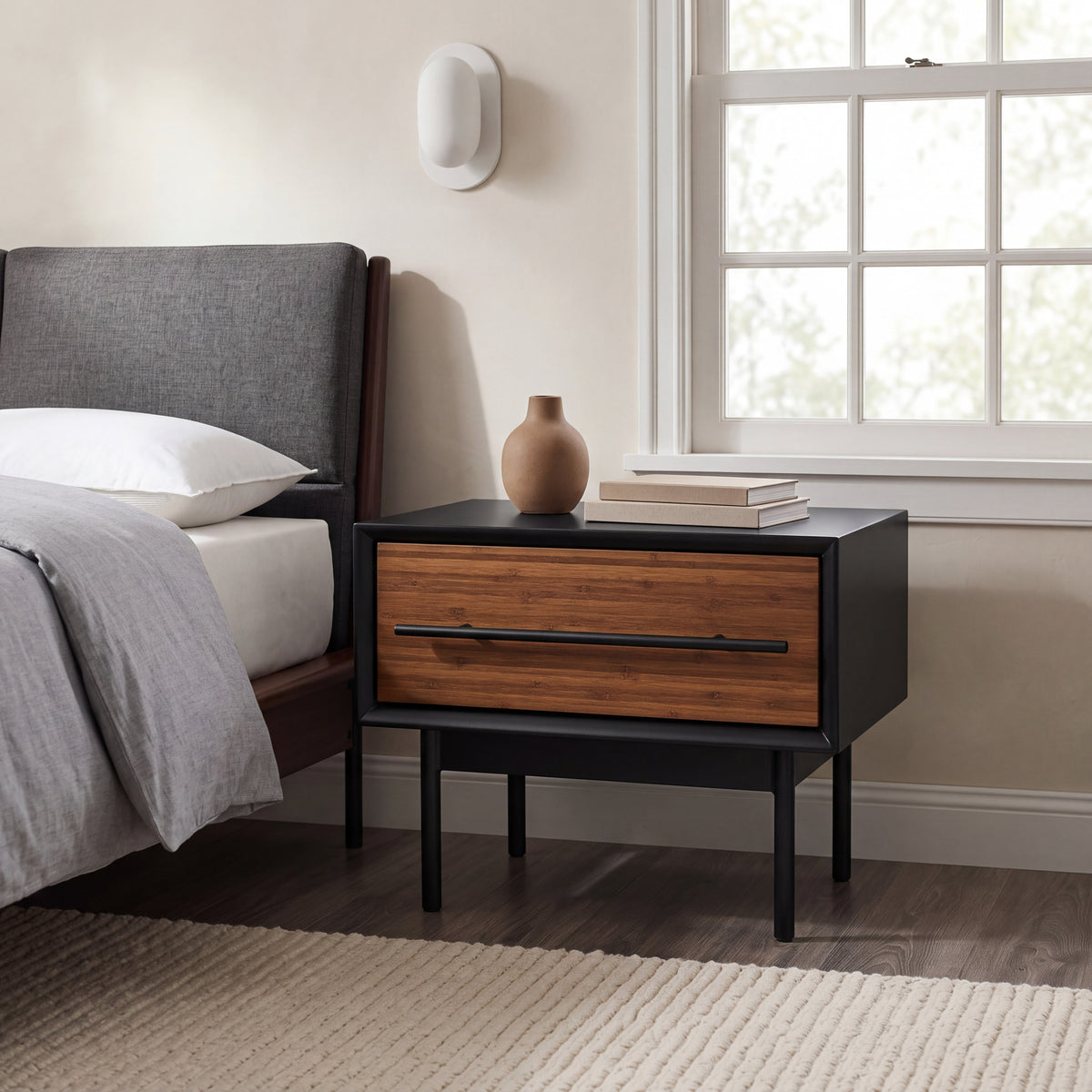 Greenington Park Avenue Nightstand in Ruby and Onyx bamboo, in a bedroom setting
