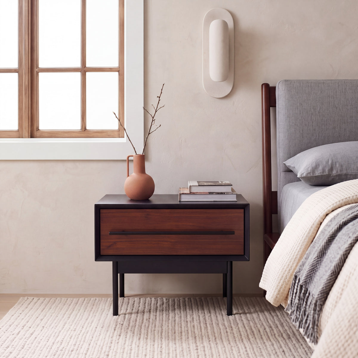 Greenington Park Avenue Nightstand in Ruby and Onyx bamboo, pictured in a bedroom