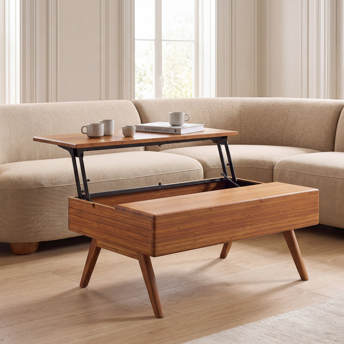 Greenington Rhody Lift Top Coffee Table in Amber bamboo, in a living room setting