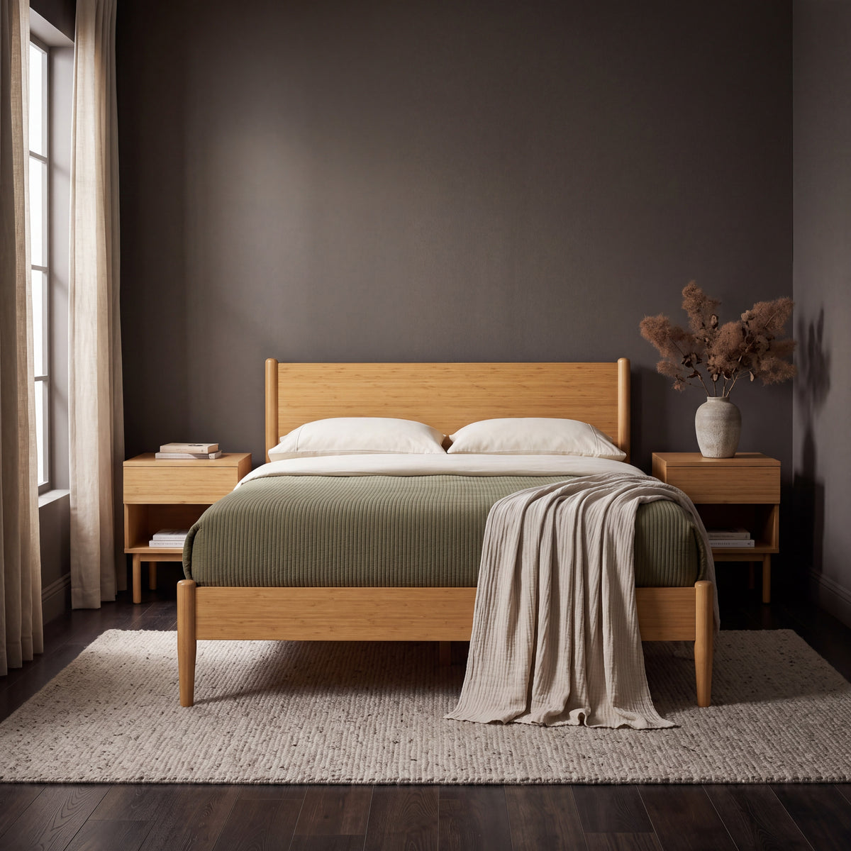 Greenington Ria Platform Bed in Caramelized bamboo, styled in a bedroom