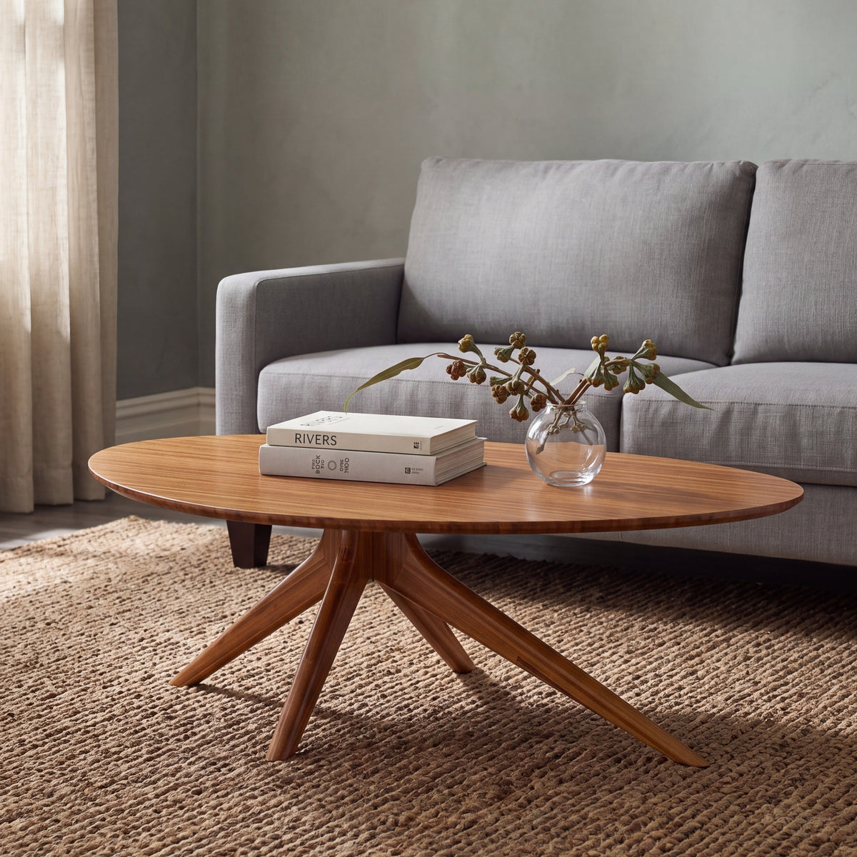 Greenington Rosemary Coffee Table in Amber bamboo, styled in a living room