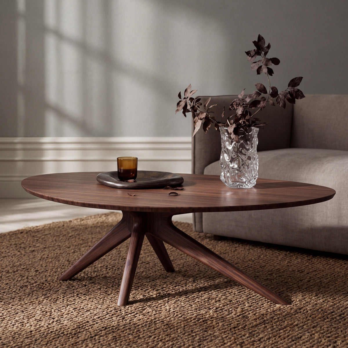 Greenington Rosemary Coffee Table in Black Walnut bamboo, styled in a living room
