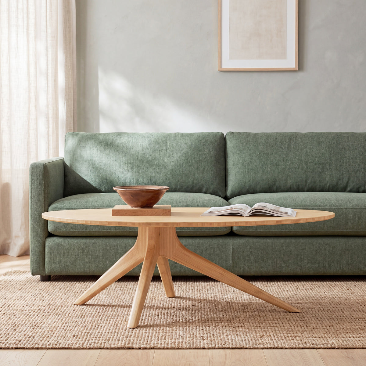 Greenington Rosemary Coffee Table in Wheat bamboo, styled in a living room